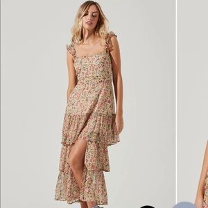 Yellow floral maxi dress with ruffle and slit